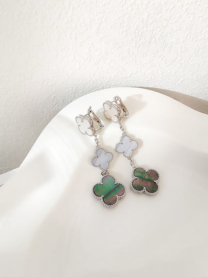 [Vellora Opalyn]CLOVER 3 MOTIFS CHALCEDONY DARK MOP SILVER EARRINGS