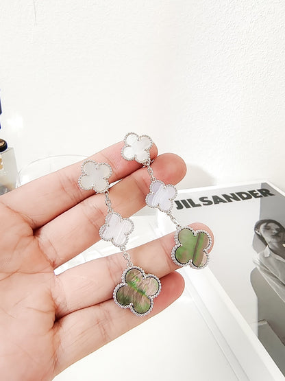 [Vellora Opalyn]CLOVER 3 MOTIFS CHALCEDONY DARK MOP SILVER EARRINGS