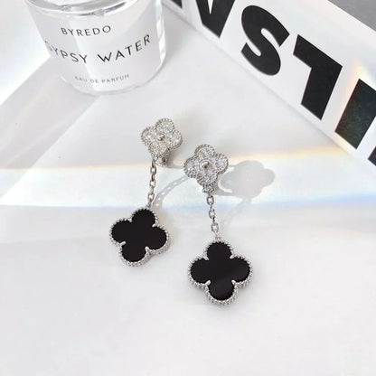 [Vellora Opalyn]CLOVER 2 MOTIFS  DIAMOND ONYX EARRINGS SILVER