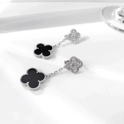 [Vellora Opalyn]CLOVER 2 MOTIFS  DIAMOND ONYX EARRINGS SILVER