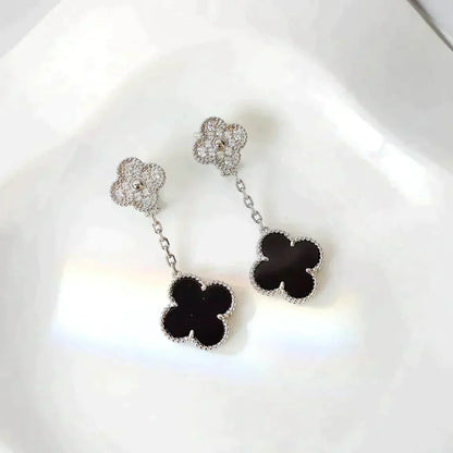 [Vellora Opalyn]CLOVER 2 MOTIFS  DIAMOND ONYX EARRINGS SILVER