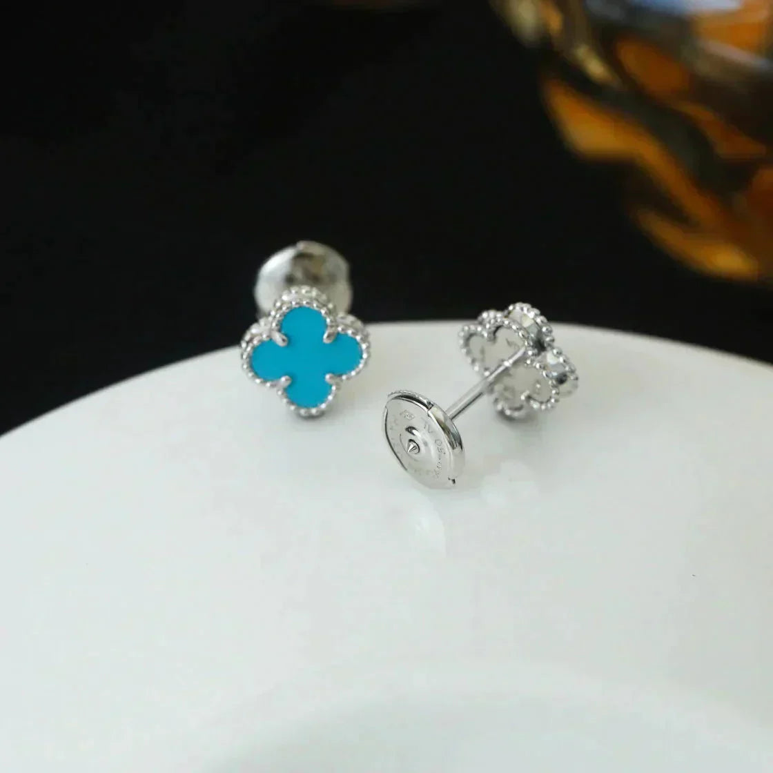[Vellora Opalyn]CLOVER MINI 9.5MM ONYX STUD EARRINGS SILVER