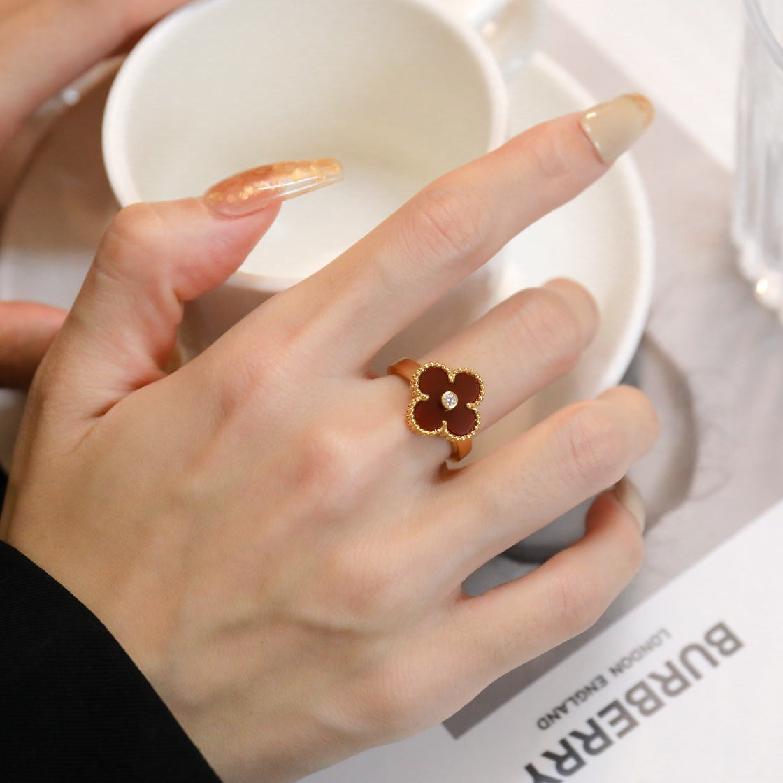 [Vellora Opalyn]CLOVER CARNELIAN RING ROSE GOLD DIAMOND