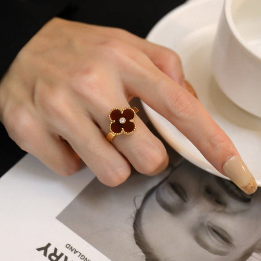 [Vellora Opalyn]CLOVER CARNELIAN RING ROSE GOLD DIAMOND