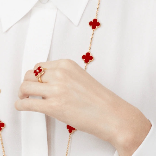 [Vellora Opalyn]CLOVER CARNELIAN RING ROSE GOLD DIAMOND