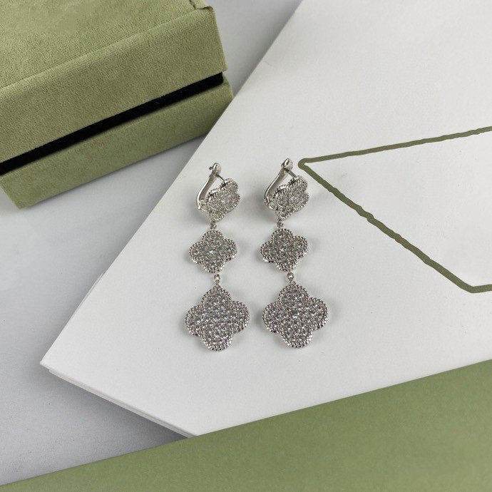 [Vellora Opalyn]CLOVER 3 MOTIF DIAMOND SILVER DROP EARRINGS