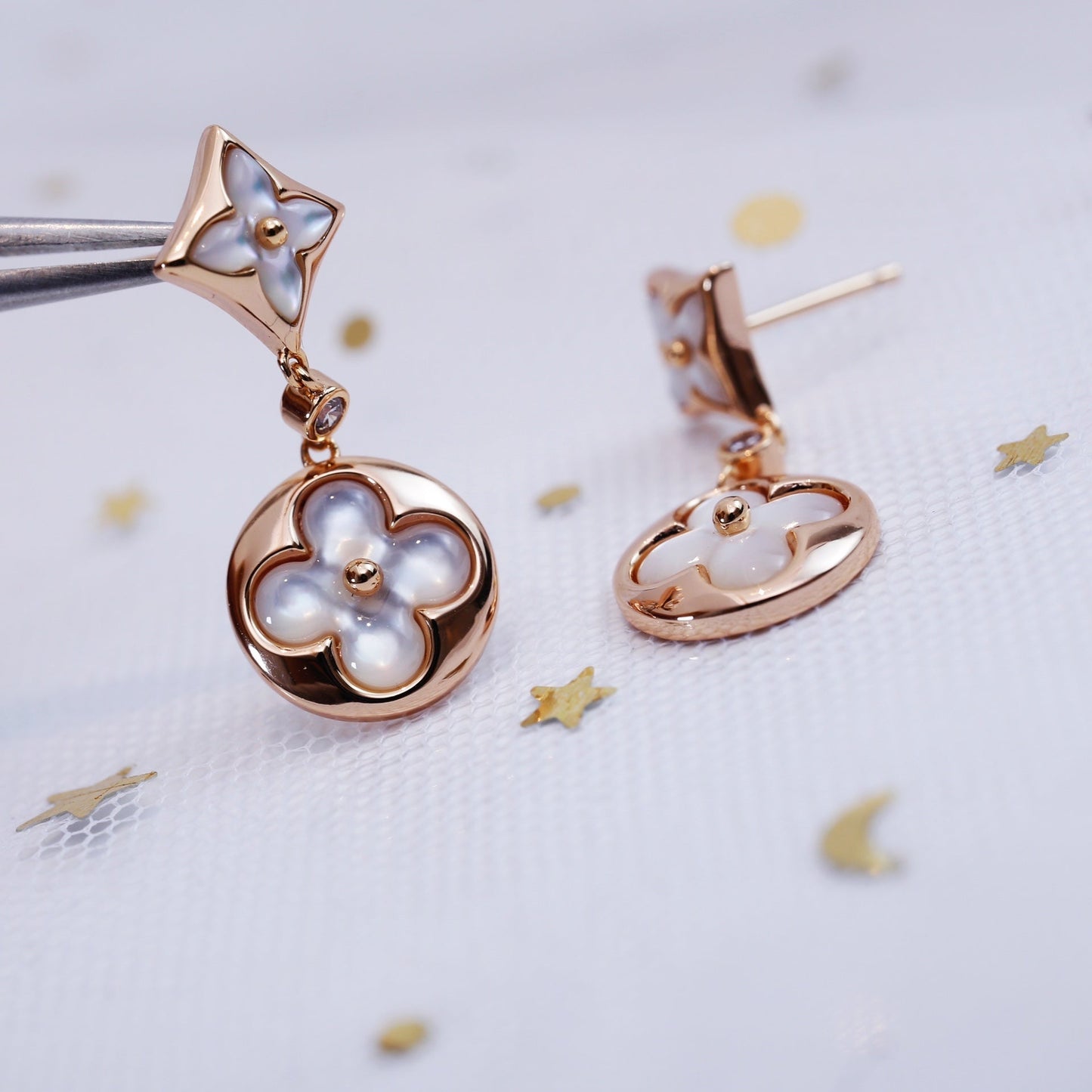 [Vellora Opalyn]STAR AND SUN PINK GOLD MOP DROP EARRINGS