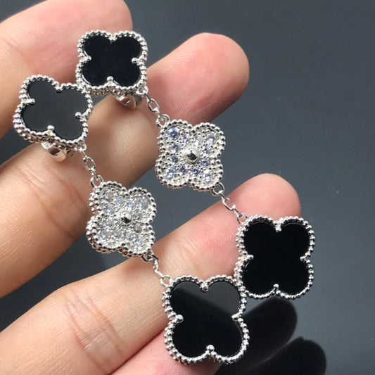 [Vellora Opalyn]CLOVER 3 MOTIF DIAMOND ONYX SILVER EARRINGS