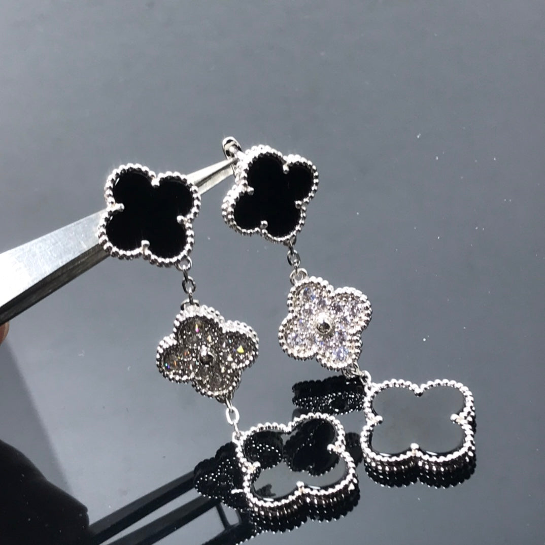 [Vellora Opalyn]CLOVER 3 MOTIF DIAMOND ONYX SILVER EARRINGS