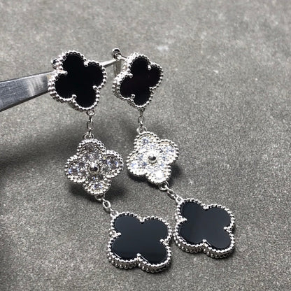[Vellora Opalyn]CLOVER 3 MOTIF DIAMOND ONYX SILVER EARRINGS