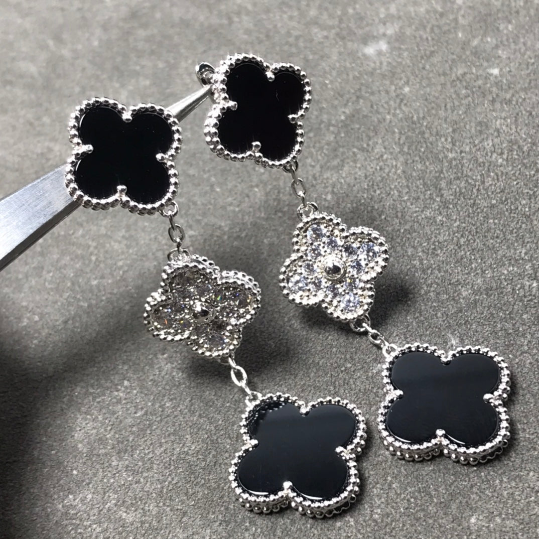 [Vellora Opalyn]CLOVER 3 MOTIF DIAMOND ONYX SILVER EARRINGS