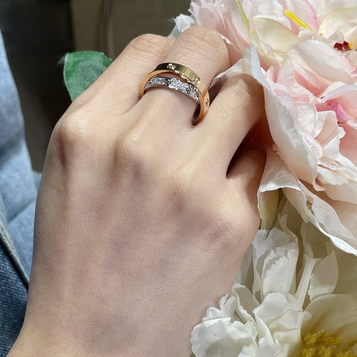 [Vellora Opalyn]LOVE PINK GOLD SILVER DIAMOND DOUBLE RING