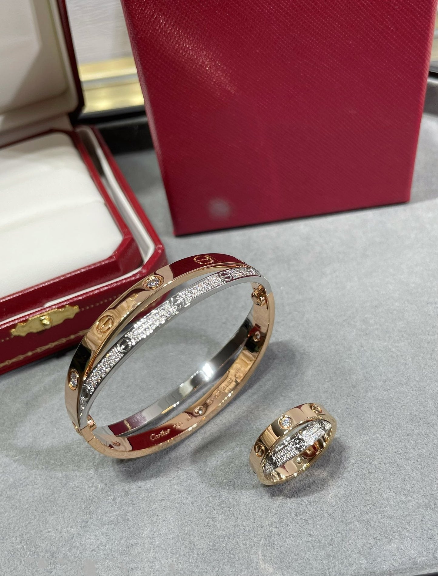 [Vellora Opalyn]LOVE PINK GOLD SILVER DIAMOND DOUBLE RING