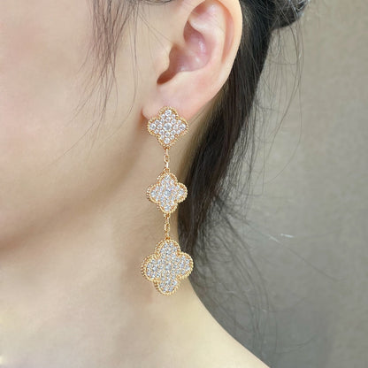 [Vellora Opalyn]CLOVER 3 MOTIFS DIAMOND PAVED ROSE GOLD EARRINGS