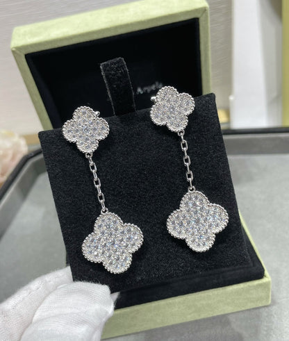 [Vellora Opalyn]CLOVER 2 MOTIFS DIAMOND PAVED SILVER EARRINGS