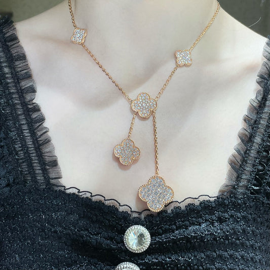 [Vellora Opalyn]CLOVER 6 MOTIF DIAMOND PAVED NECKLACE