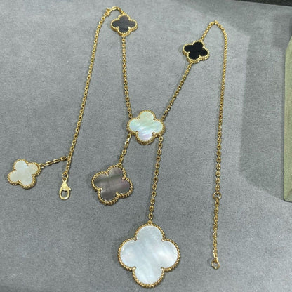 [Vellora Opalyn]CLOVER 6 MOTIF MOP ONYX GOLD NECKLACE