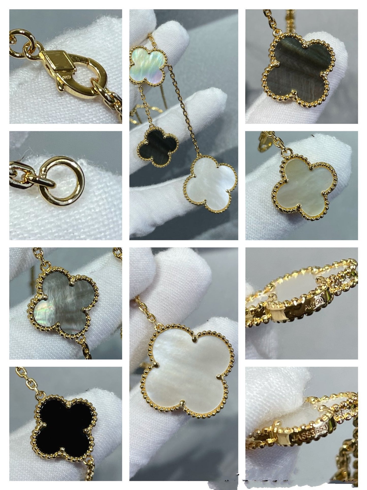 [Vellora Opalyn]CLOVER 6 MOTIF MOP ONYX GOLD NECKLACE