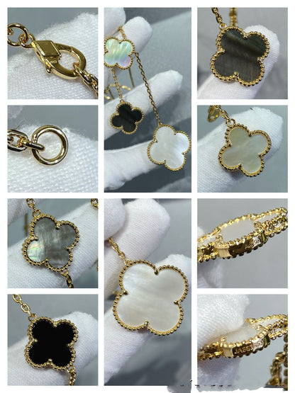 [Vellora Opalyn]CLOVER 6 MOTIF MOP ONYX GOLD NECKLACE