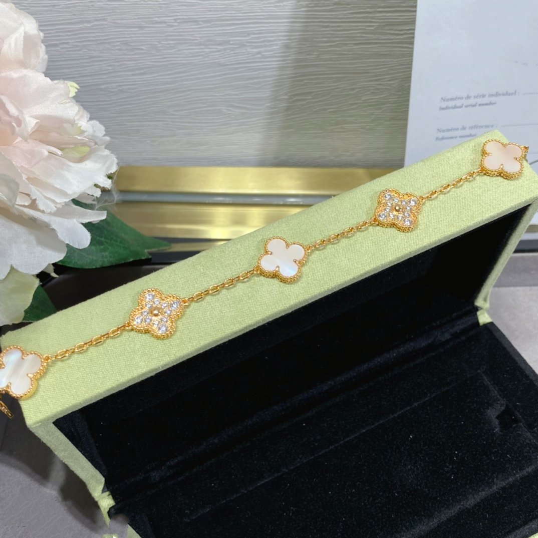 [Vellora Opalyn]CLOVER 5 MOTIF DIAMOND PINK MOP PINK GOLD BRACELET