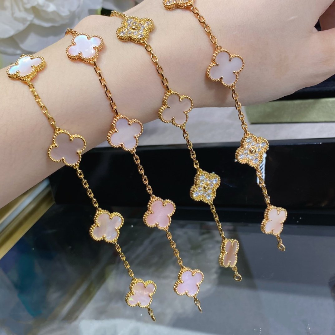 [Vellora Opalyn]CLOVER 5 MOTIF DIAMOND PINK MOP PINK GOLD BRACELET
