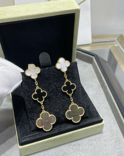 [Vellora Opalyn]CLOVER 3 MOTIF MOP ONYX DARK MOP PINK GOLD EARRINGS