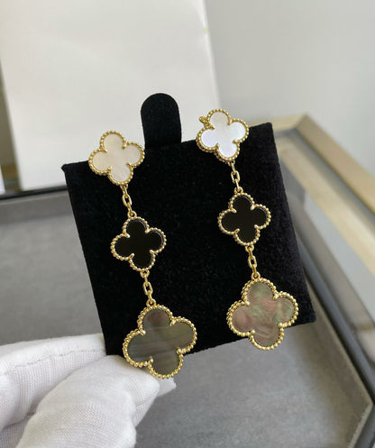 [Vellora Opalyn]CLOVER 3 MOTIF MOP ONYX DARK MOP PINK GOLD EARRINGS