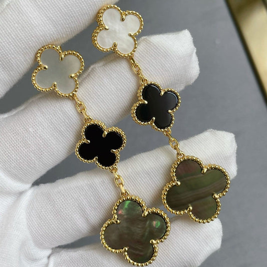 [Vellora Opalyn]CLOVER 3 MOTIF MOP ONYX DARK MOP PINK GOLD EARRINGS