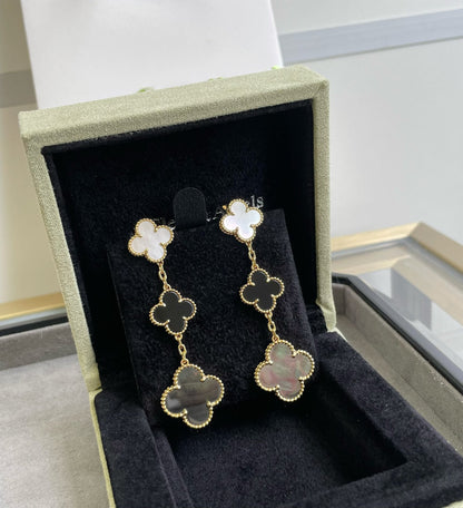 [Vellora Opalyn]CLOVER 3 MOTIF MOP ONYX DARK MOP PINK GOLD EARRINGS