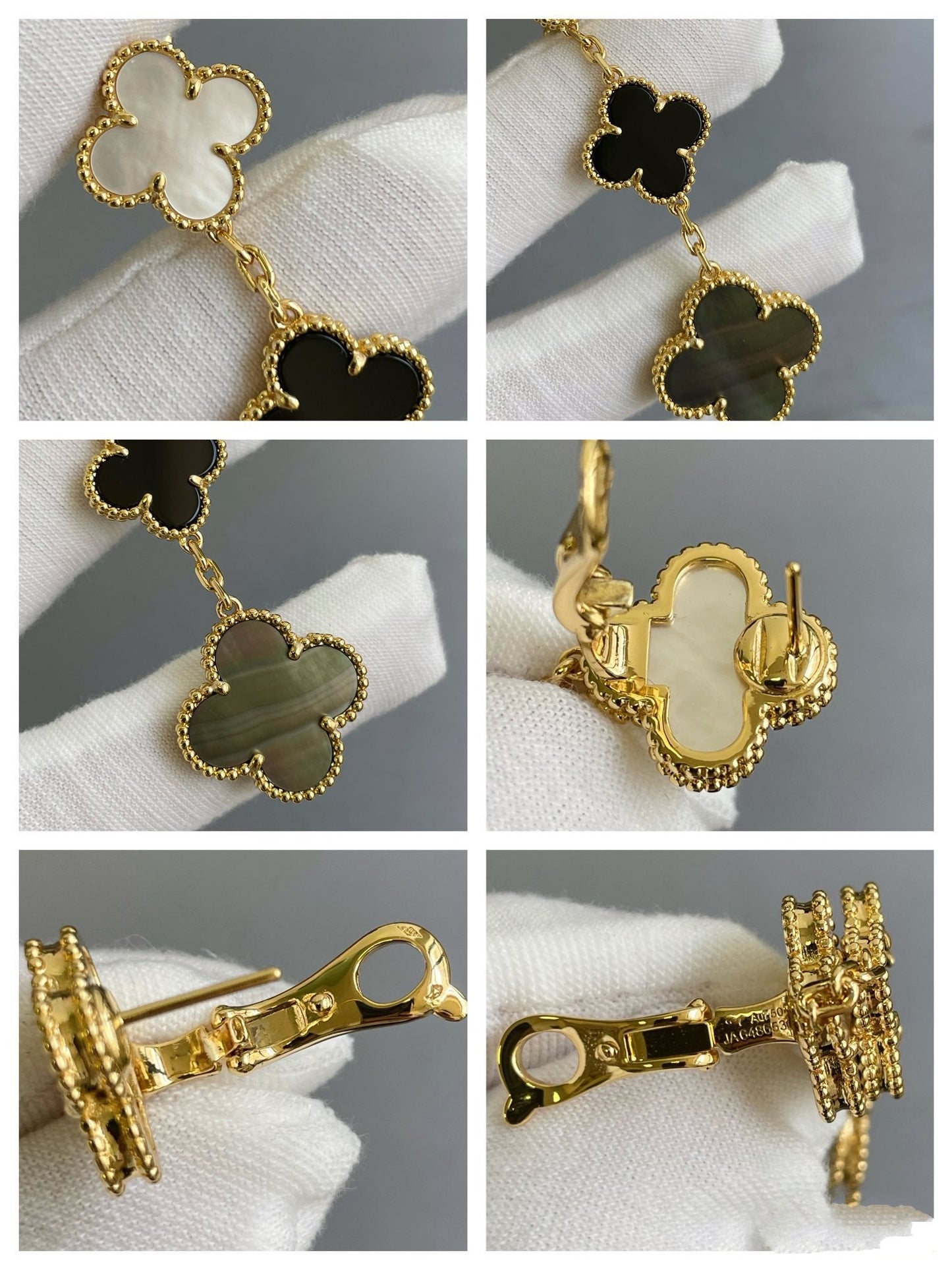 [Vellora Opalyn]CLOVER 3 MOTIF MOP ONYX DARK MOP PINK GOLD EARRINGS