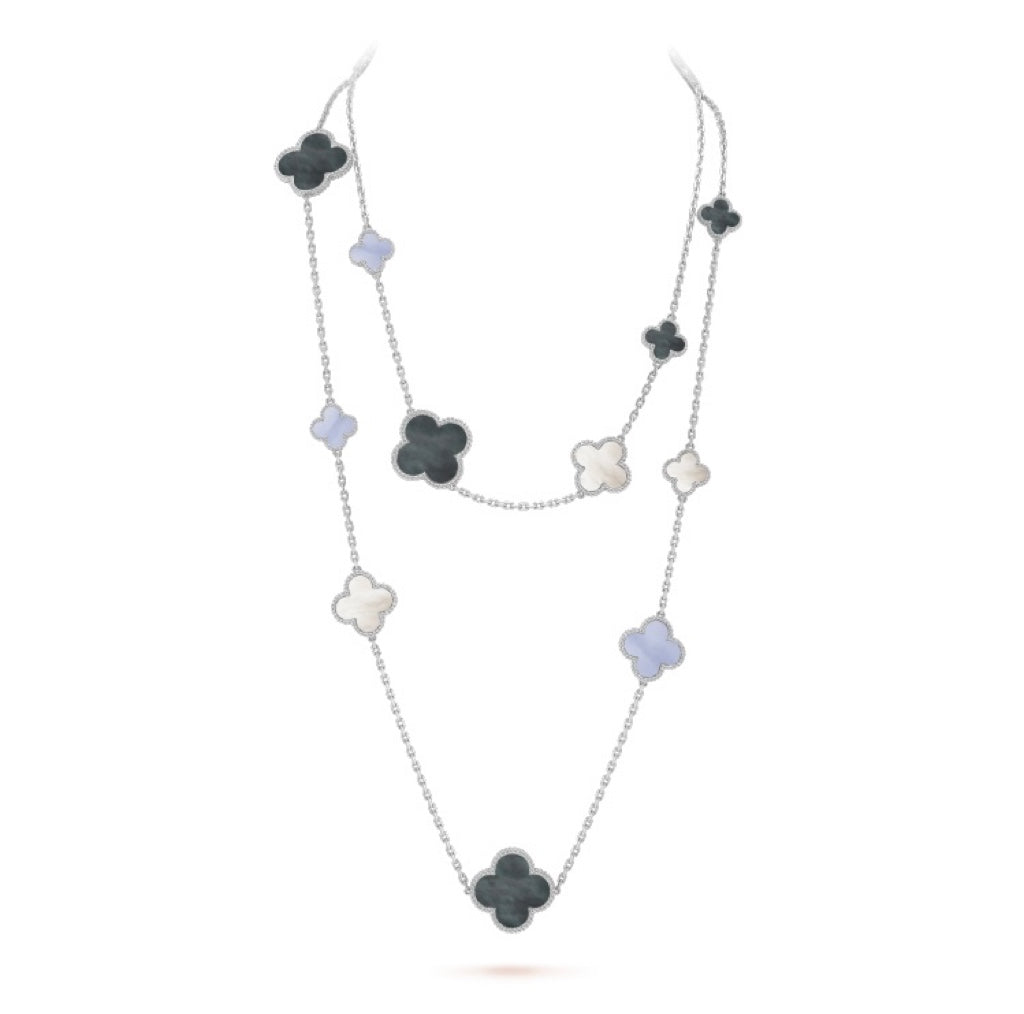 [Vellora Opalyn]CLOVER 16 MOTIF CHALCEDONY MOP SILVER NECKLACE