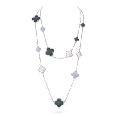 [Vellora Opalyn]CLOVER 16 MOTIF CHALCEDONY MOP SILVER NECKLACE