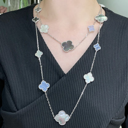 [Vellora Opalyn]CLOVER 16 MOTIF CHALCEDONY MOP SILVER NECKLACE