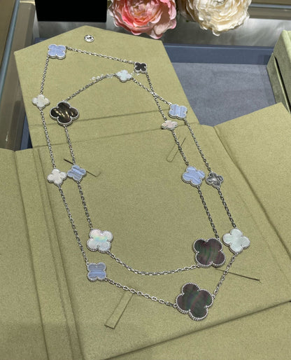 [Vellora Opalyn]CLOVER 16 MOTIF CHALCEDONY MOP SILVER NECKLACE