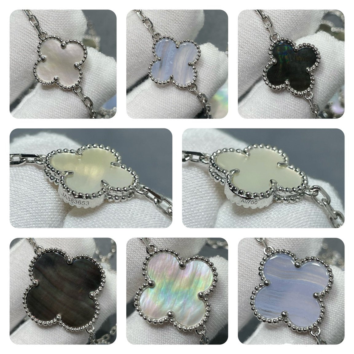 [Vellora Opalyn]CLOVER 16 MOTIF CHALCEDONY MOP SILVER NECKLACE
