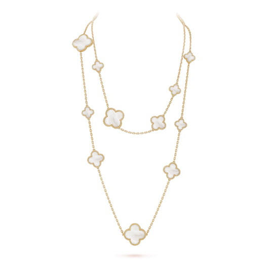 [Vellora Opalyn]CLOVER 16 MOTIF WHITE MOP GOLD NECKLACE