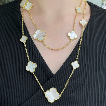 [Vellora Opalyn]CLOVER 16 MOTIF WHITE MOP GOLD NECKLACE