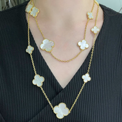 [Vellora Opalyn]CLOVER 16 MOTIF WHITE MOP GOLD NECKLACE