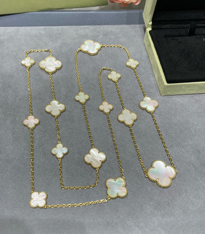 [Vellora Opalyn]CLOVER 16 MOTIF WHITE MOP GOLD NECKLACE