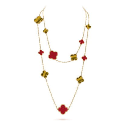 [Vellora Opalyn]CLOVER 16 MOTIF CARNELIAN TIGER EYE ROSE GOLD NECKLACE