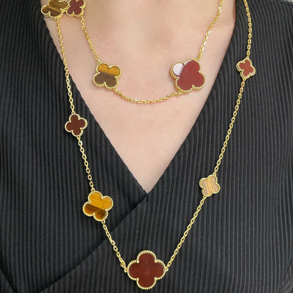 [Vellora Opalyn]CLOVER 16 MOTIF CARNELIAN TIGER EYE ROSE GOLD NECKLACE