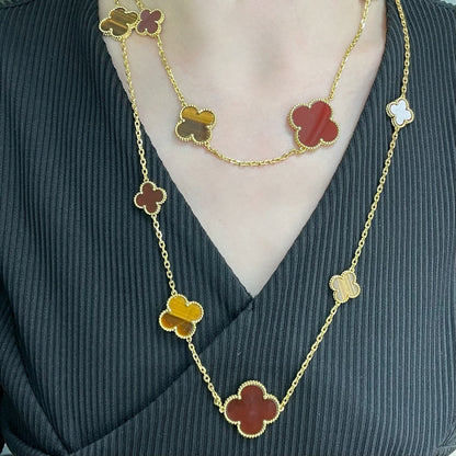 [Vellora Opalyn]CLOVER 16 MOTIF CARNELIAN TIGER EYE ROSE GOLD NECKLACE
