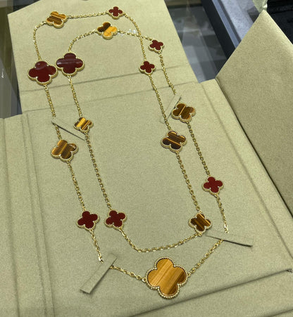 [Vellora Opalyn]CLOVER 16 MOTIF CARNELIAN TIGER EYE ROSE GOLD NECKLACE