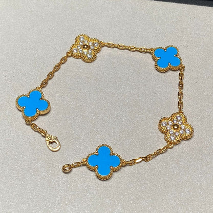 [Vellora Opalyn]CLOVER 5 MOTIF BLUE CHALCEDONY DIAMOND GOLD BRACELET