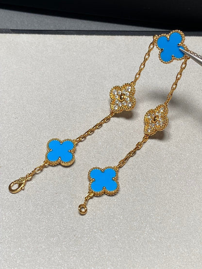 [Vellora Opalyn]CLOVER 5 MOTIF BLUE CHALCEDONY DIAMOND GOLD BRACELET