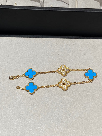 [Vellora Opalyn]CLOVER 5 MOTIF BLUE CHALCEDONY DIAMOND GOLD BRACELET