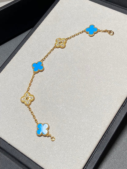 [Vellora Opalyn]CLOVER 5 MOTIF BLUE CHALCEDONY DIAMOND GOLD BRACELET