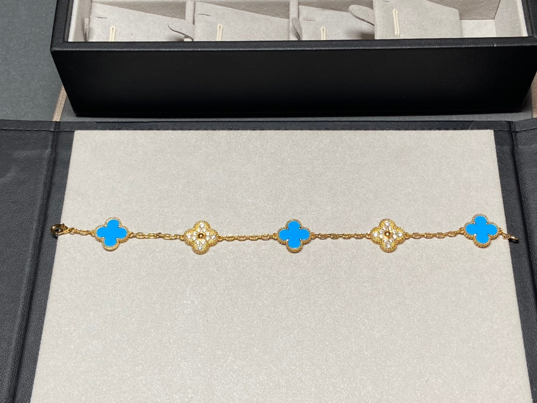 [Vellora Opalyn]CLOVER 5 MOTIF BLUE CHALCEDONY DIAMOND GOLD BRACELET