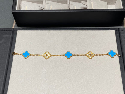 [Vellora Opalyn]CLOVER 5 MOTIF BLUE CHALCEDONY DIAMOND GOLD BRACELET