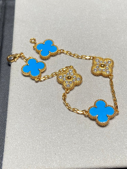 [Vellora Opalyn]CLOVER 5 MOTIF BLUE CHALCEDONY DIAMOND GOLD BRACELET